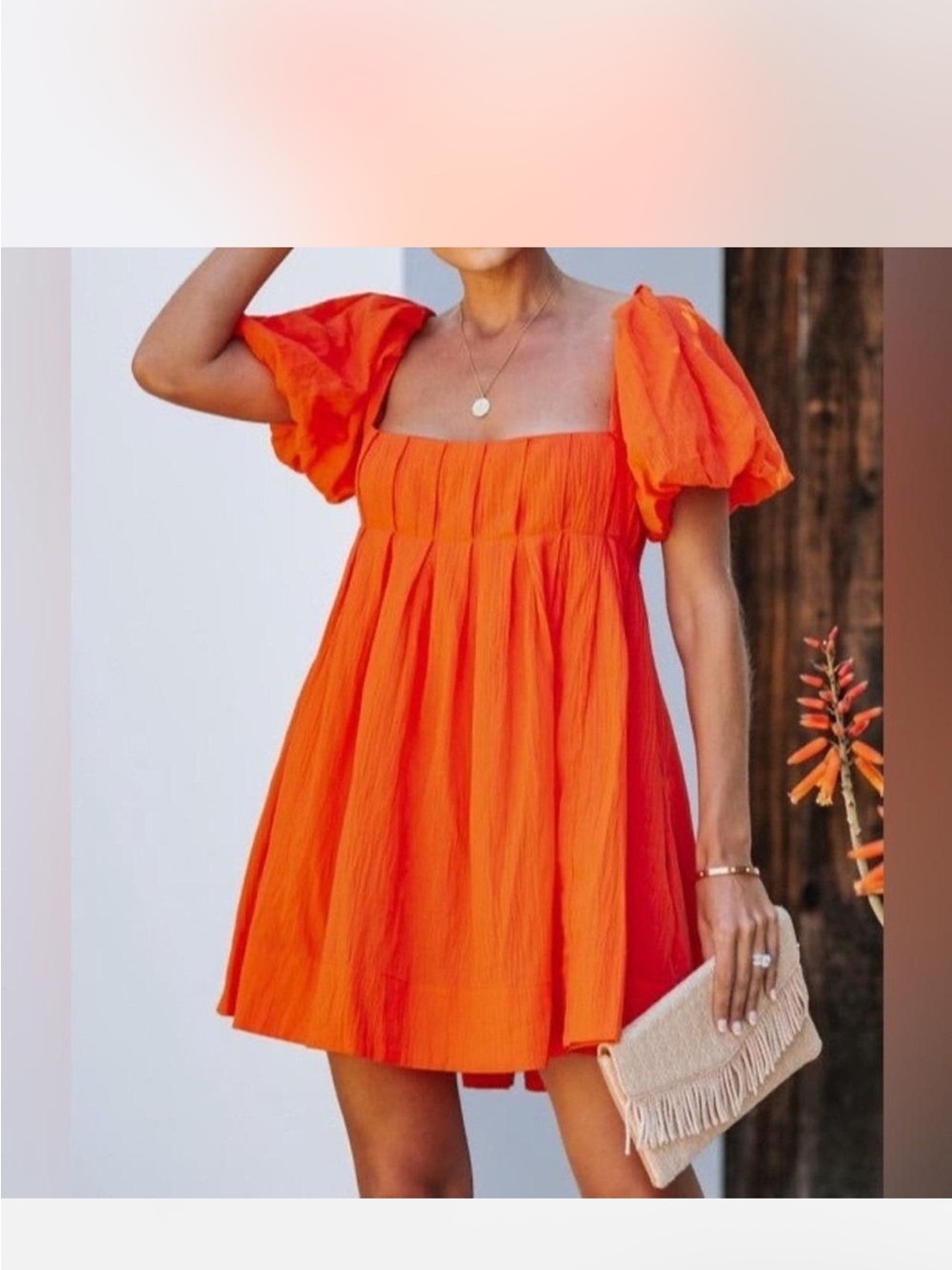 Free People Burnt Orange Puff-Sleeve Square-Neck Mini Dress